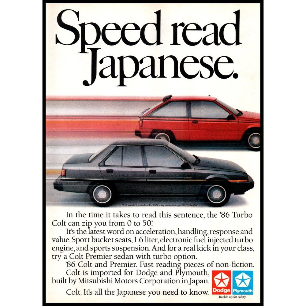 1986 Dodge Turbo Colt Hatchback and Sedan Vintage Print Ad Speed Read Wall Art